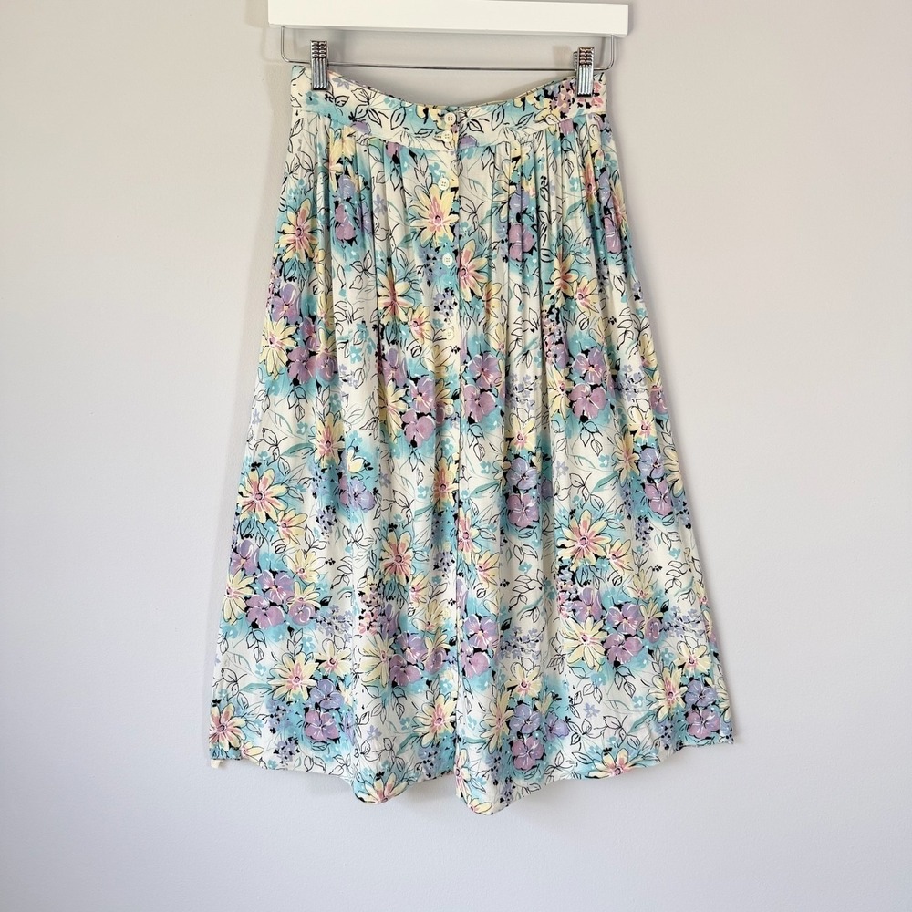 Vintage 90s Floral Midi Skirt USA‎ Pockets Cottage Prairie Summer Pastel XS/S
